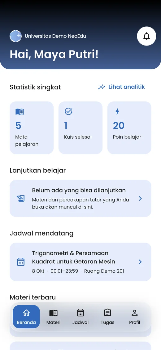 Beranda pelajar di aplikasi ClassPlus, dengan materi dan aktivitas belajar
